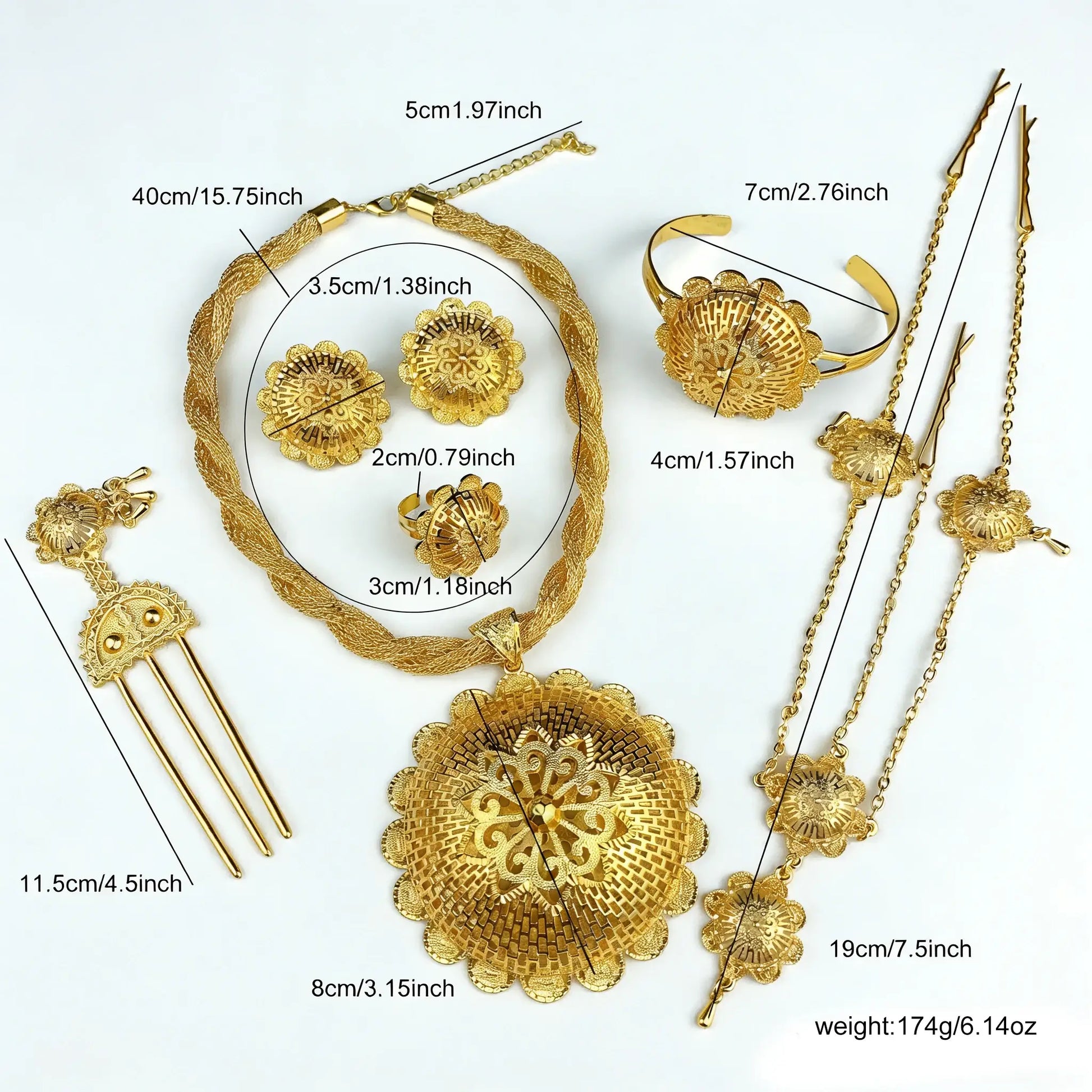 Gold jewelry set with measurements on a white background