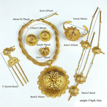 Gold jewelry set with measurements on a white background