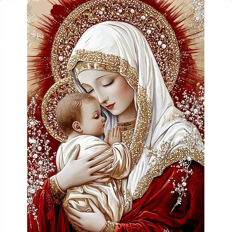 Iconographic depiction of a Virgin Mary holding a child with a red and gold background