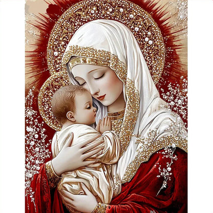 Iconographic depiction of a Virgin Mary holding a child with a red and gold background
