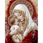 Iconographic depiction of a Virgin Mary holding a child with a red and gold background