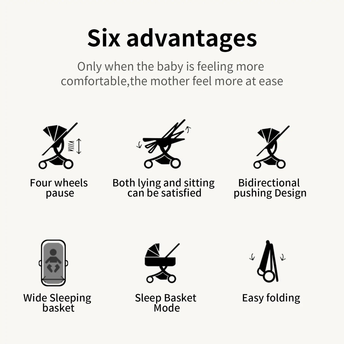 List of six advantages of a baby product with icons and text on a white background