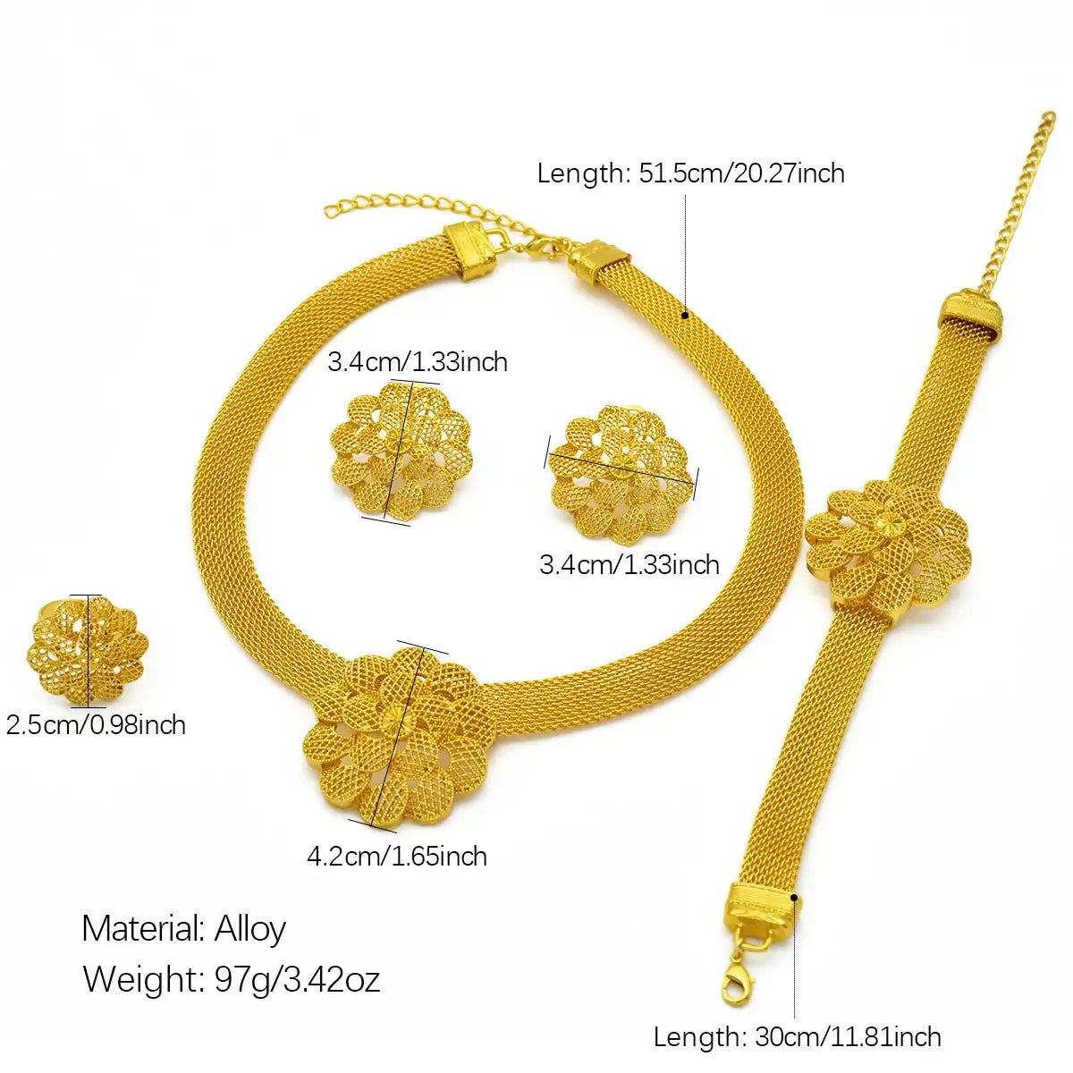 Gold jewelry set with necklace, bracelet, and earrings on a white background