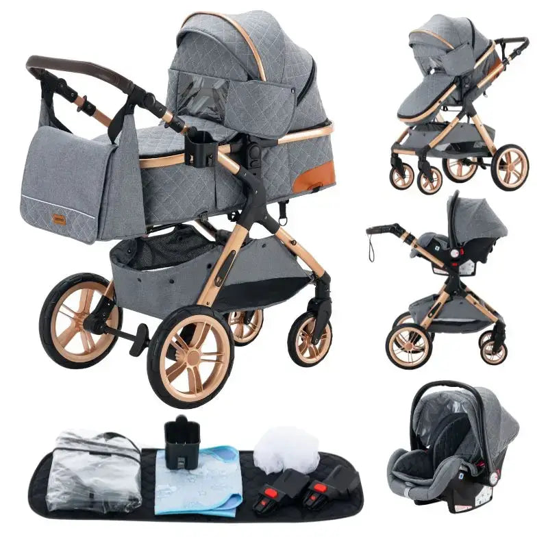 Collage of a baby stroller and car seat set on a white background