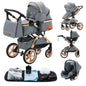 Collage of a baby stroller and car seat set on a white background