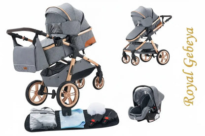 Collage of a baby stroller and car seat with 'Royal Gebeya' branding.