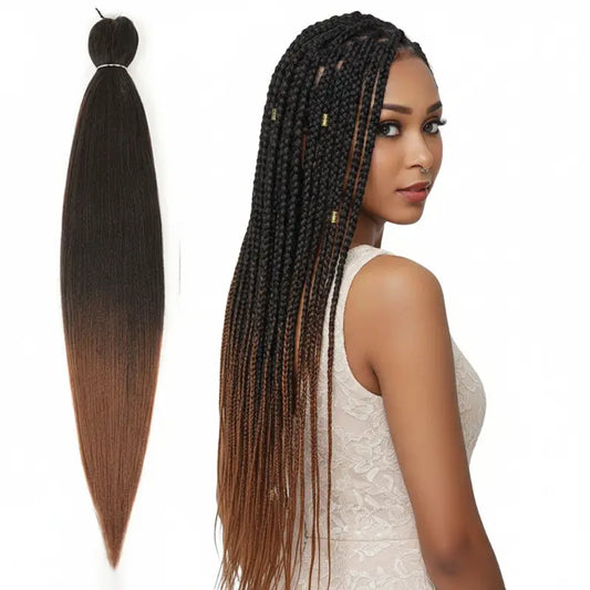 Hair extension with ombre color and a model wearing it on a white background