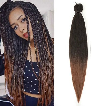 Woman with braided hair next to a hair extension on a white background
