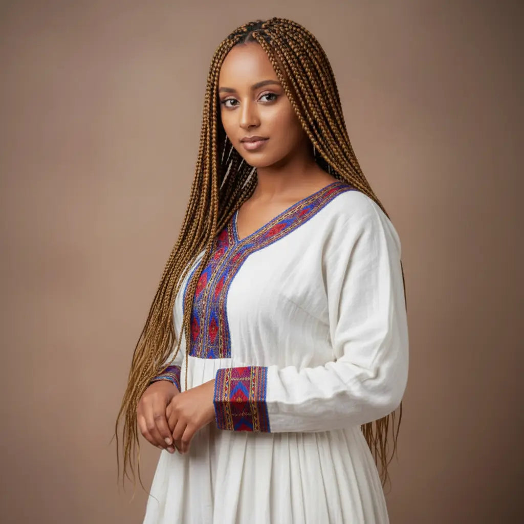 Woman wearing a white dress with colorful patterns on a brown background