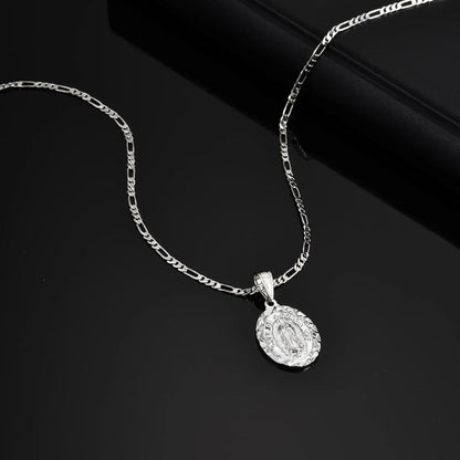 Silver necklace with a pendant on a dark background