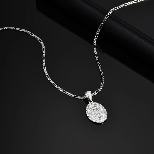 Silver necklace with a pendant on a dark background