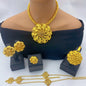 Gold jewelry set including necklace, earrings, and bracelet on a mannequin and white background.