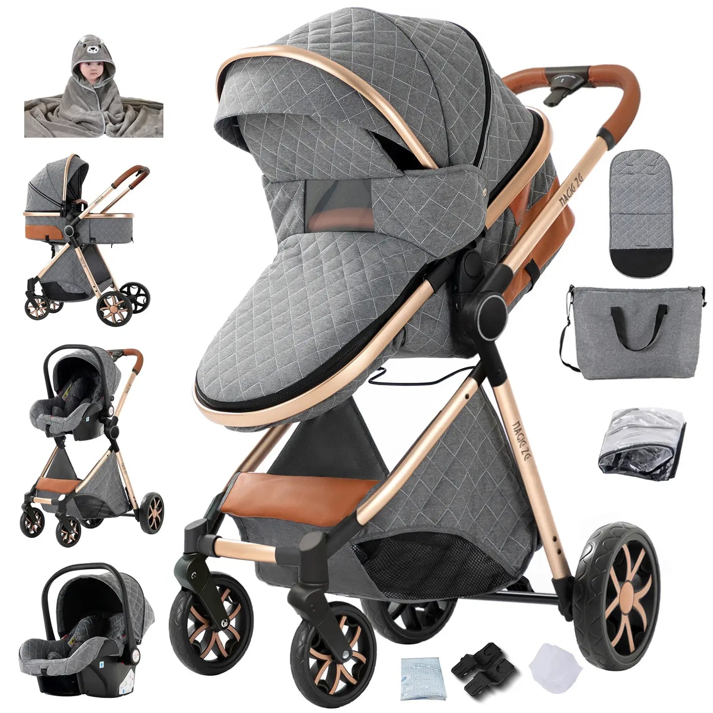 Collage of a gray and brown stroller with accessories on a white background