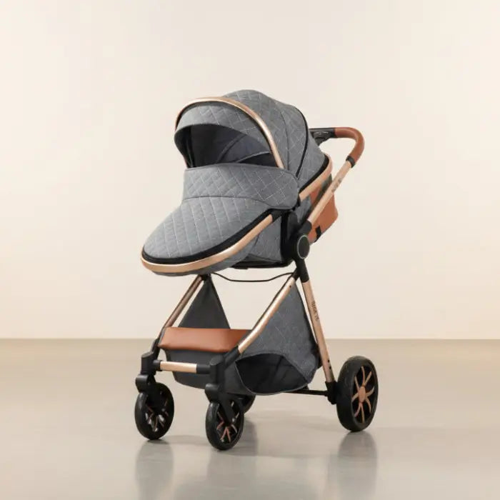 Gray and brown stroller on a beige background