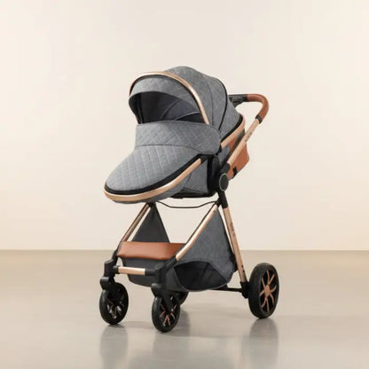 Gray and brown stroller on a beige background