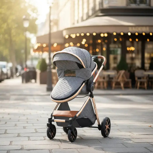 Gray and rose gold stroller on a city street with blurred background