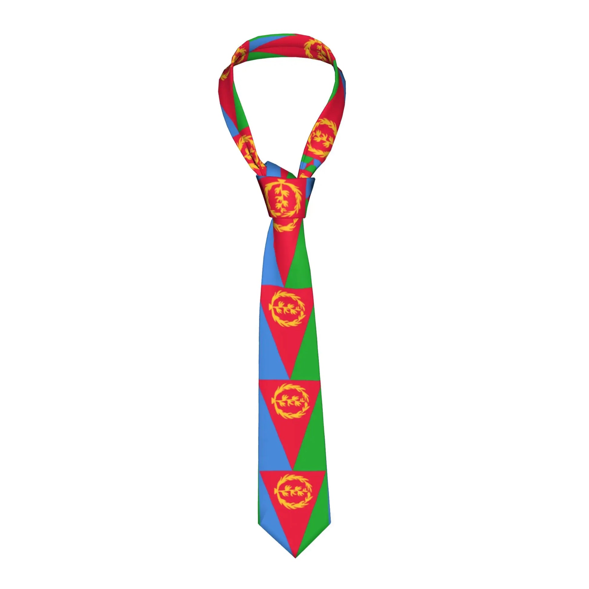 Colorful necktie with geometric pattern on a white background