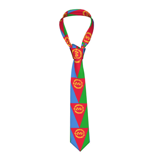 Colorful necktie with geometric pattern on a white background