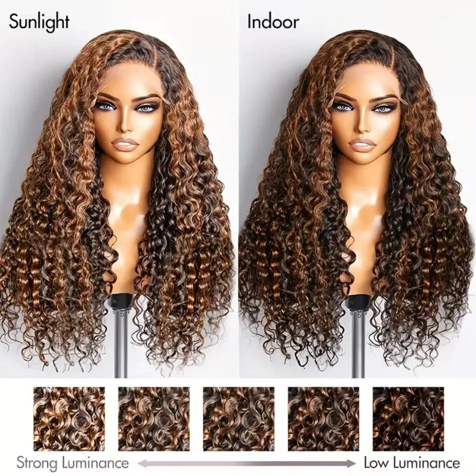 Comparison of a wig under sunlight and indoor lighting on mannequin heads.