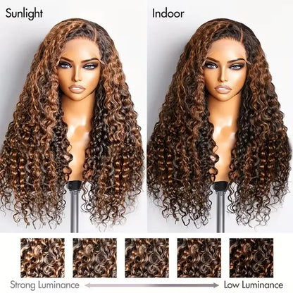Comparison of a wig under sunlight and indoor lighting on mannequin heads.