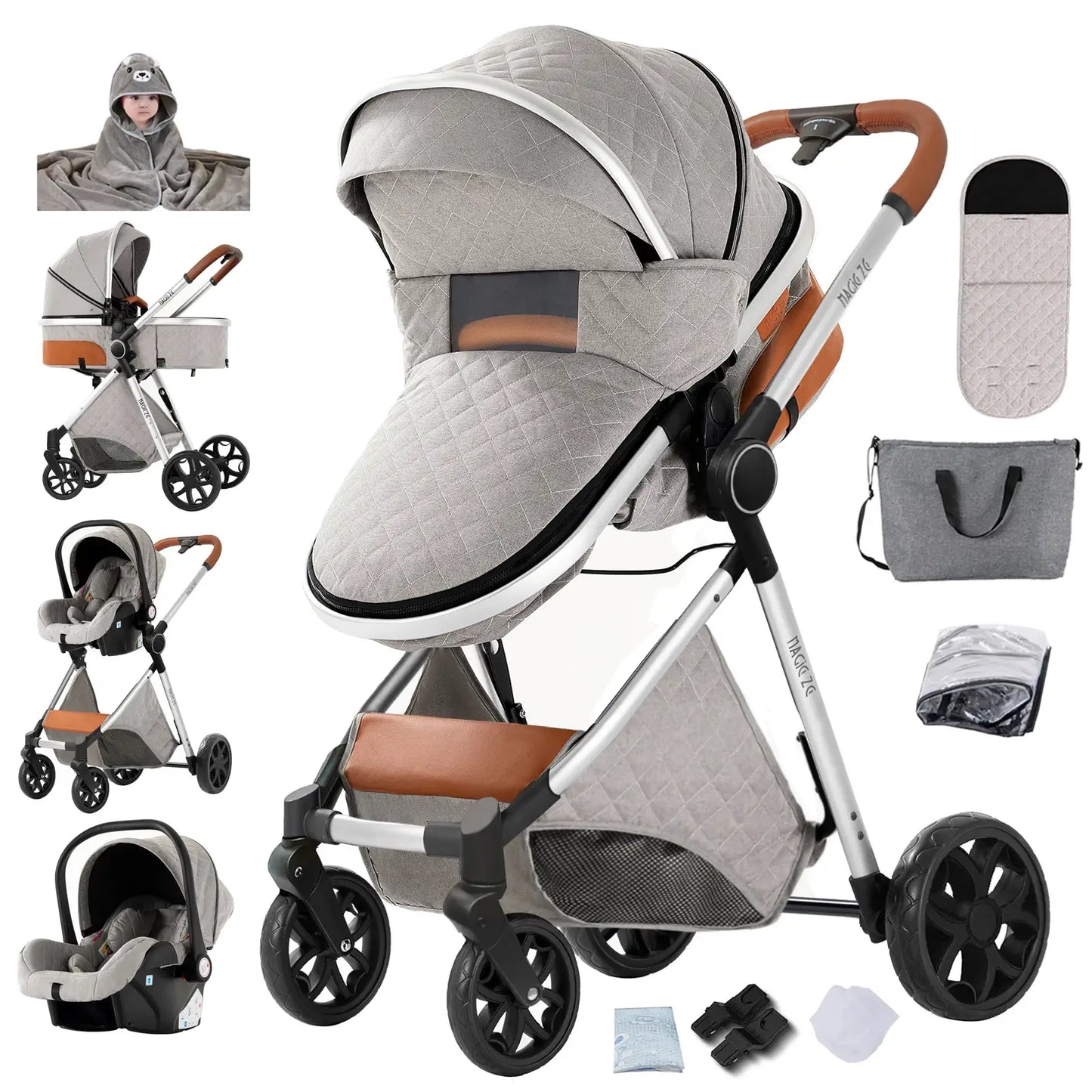 Collage of a baby stroller with accessories on a white background