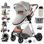 Collage of a baby stroller with accessories on a white background