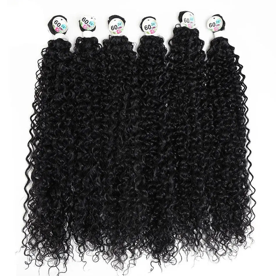 Black curly hair extensions with brand labels on a white background