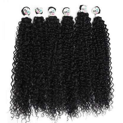 Black curly hair extensions with brand labels on a white background