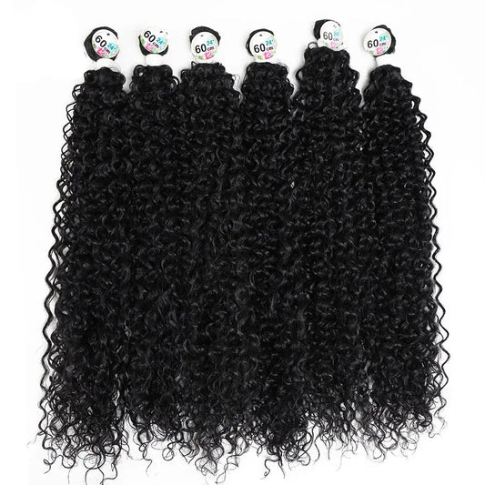 Black curly hair extensions with brand labels on a white background