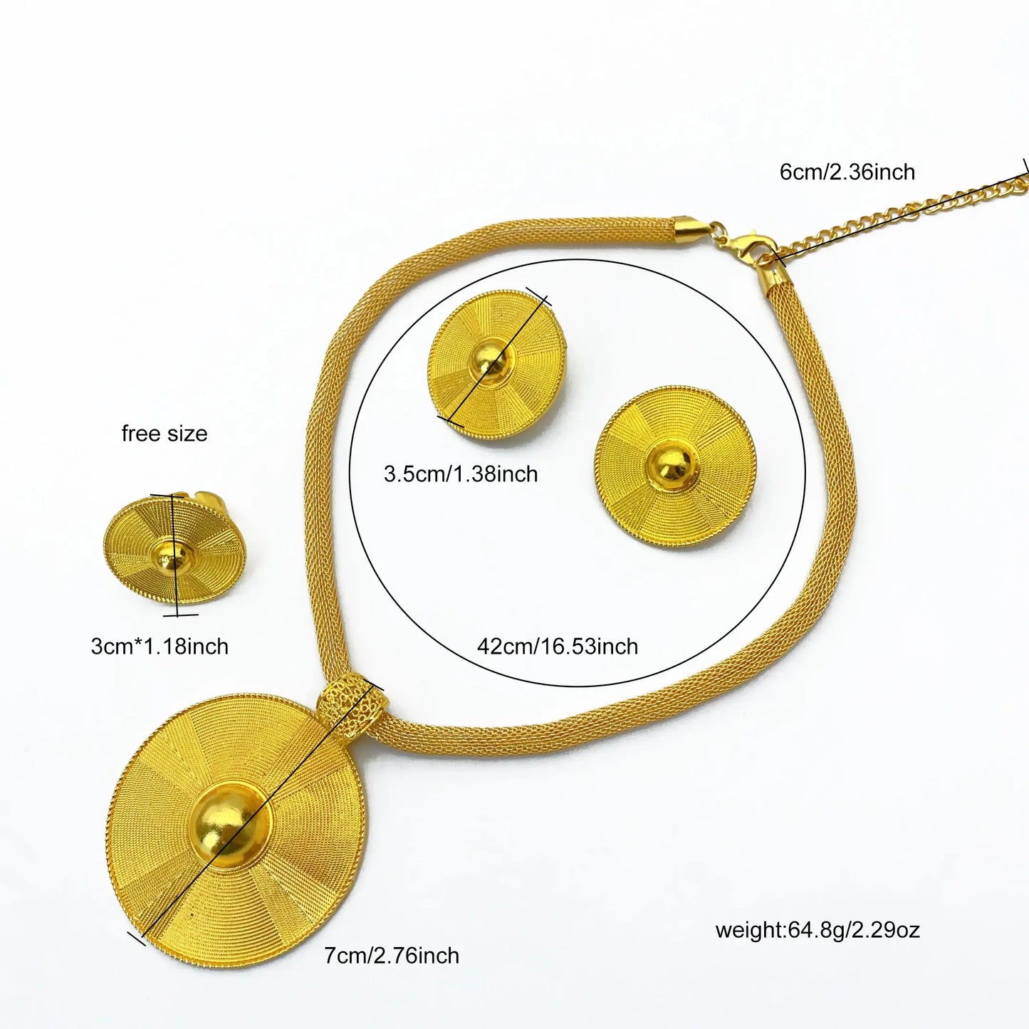 Gold necklace with round pendants and measurements on a white background