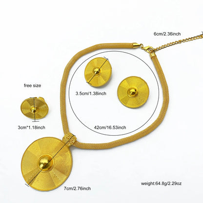 Gold necklace with round pendants and measurements on a white background