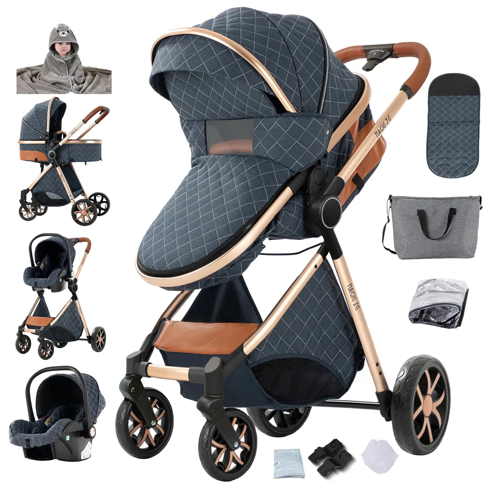 Collage of a blue and brown stroller with accessories on a white background