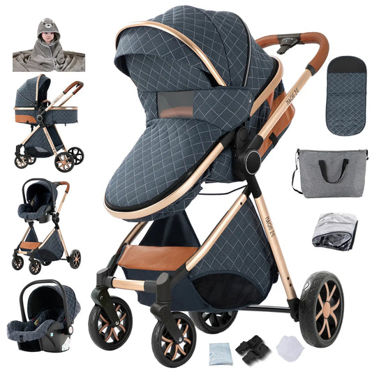 Collage of a blue and brown stroller with accessories on a white background