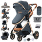 Collage of a blue and brown stroller with accessories on a white background
