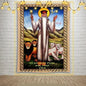 Framed artwork of a religious figure with animals on a brick wall.