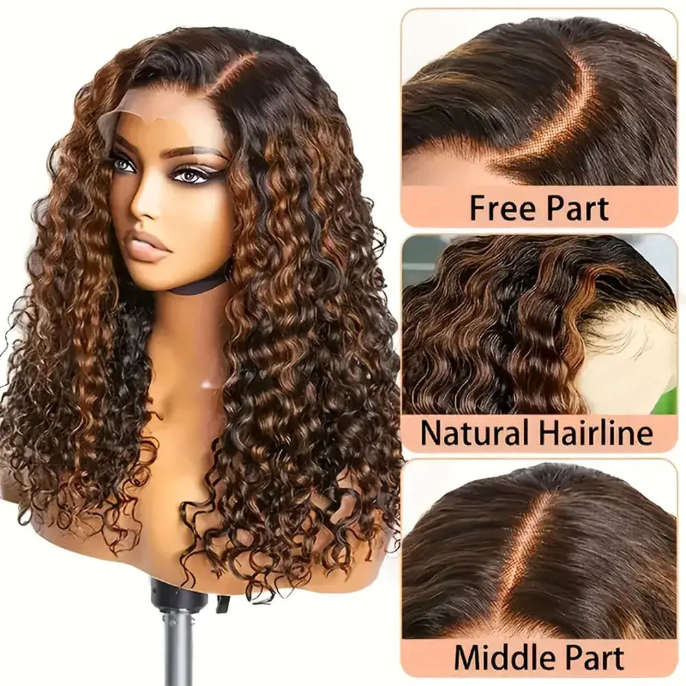 Brown curly wig on a mannequin head with close-up details of the hairline.