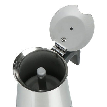 Metallic coffee grinder with open lid on a white background