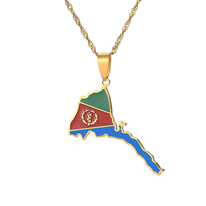 Gold necklace with a pendant shaped like a map, featuring red, green, and blue colors on a white background.