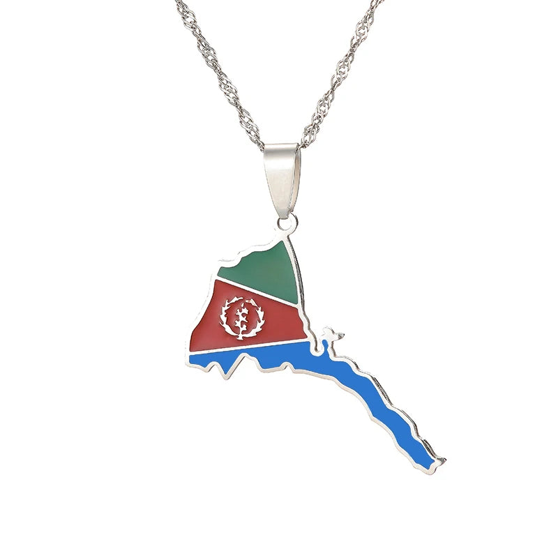 Pendant shaped like a map with red, green, and blue colors on a white background