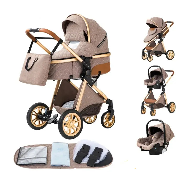 Brown and beige stroller set with accessories on a white background