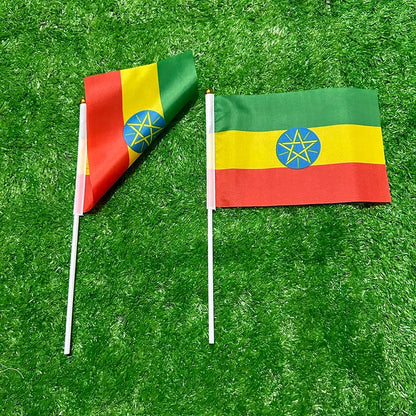 Two small flags with the Ethiopian emblem on a grassy background