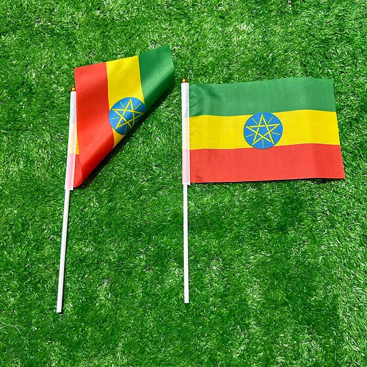 Two small flags with the Ethiopian emblem on a grassy background