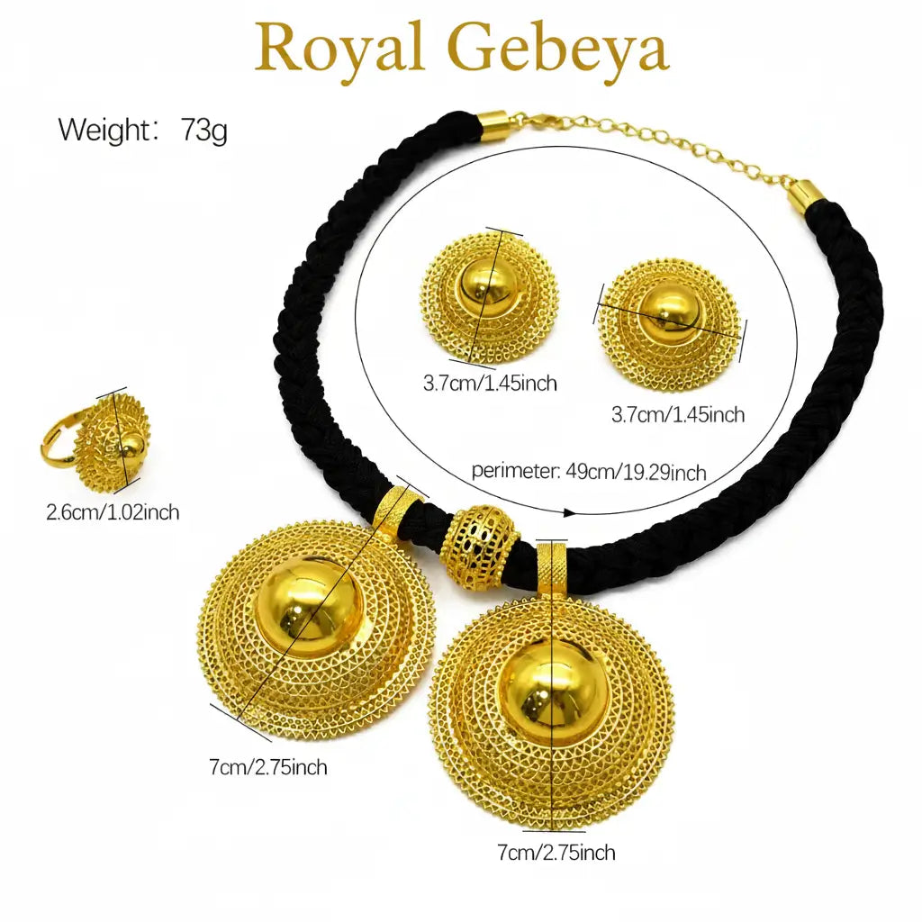 Gold necklace with measurements on a white background, labeled 'Royal Gebeya'.