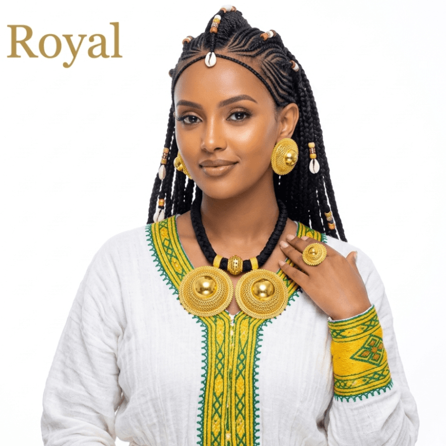 Woman wearing traditional attire with gold jewelry on a white background