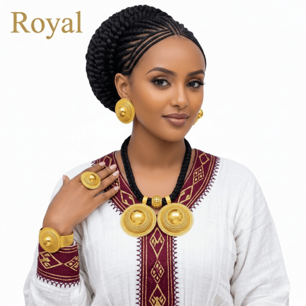 Woman wearing traditional attire with gold jewelry on a white background