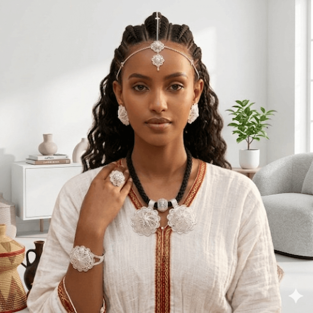 Woman wearing traditional jewelry in a modern living room setting