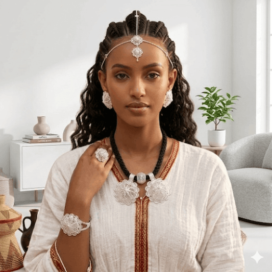 Woman wearing traditional jewelry in a modern living room setting