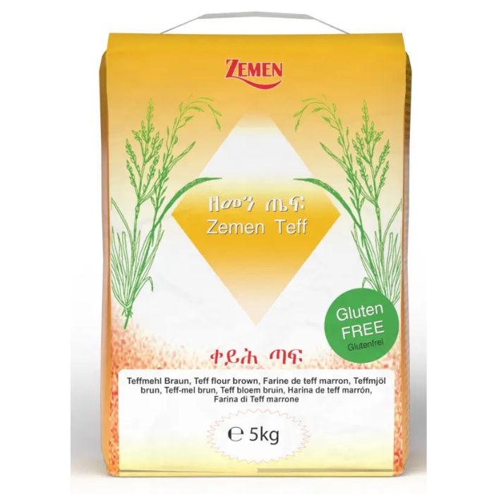 Zemen Teff packaging with gluten-free label on a white background