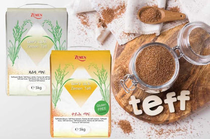 Zemen teff packaging with teff powder on a wooden board