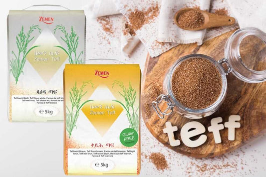 Zemen teff packaging with teff powder on a wooden board